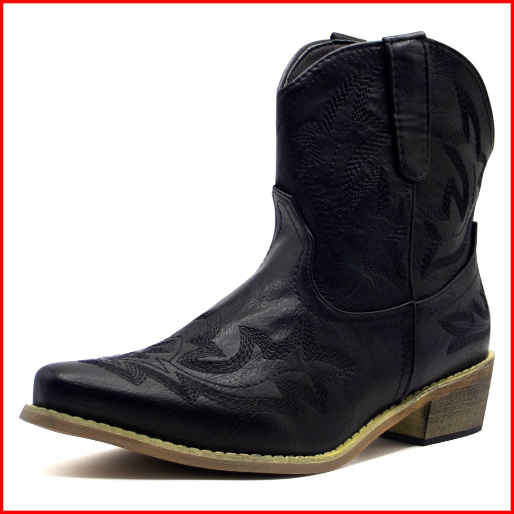 Women's Western Ankle Booties Pointed Toe Low Chunky Heel Embroidered
